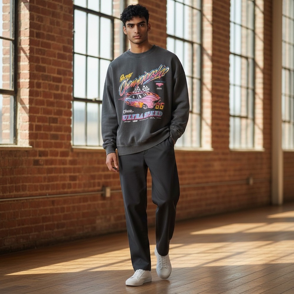 H&M Divided Racing Championship Sweatshirt XS Black Excellent Graphic Car Flame‎